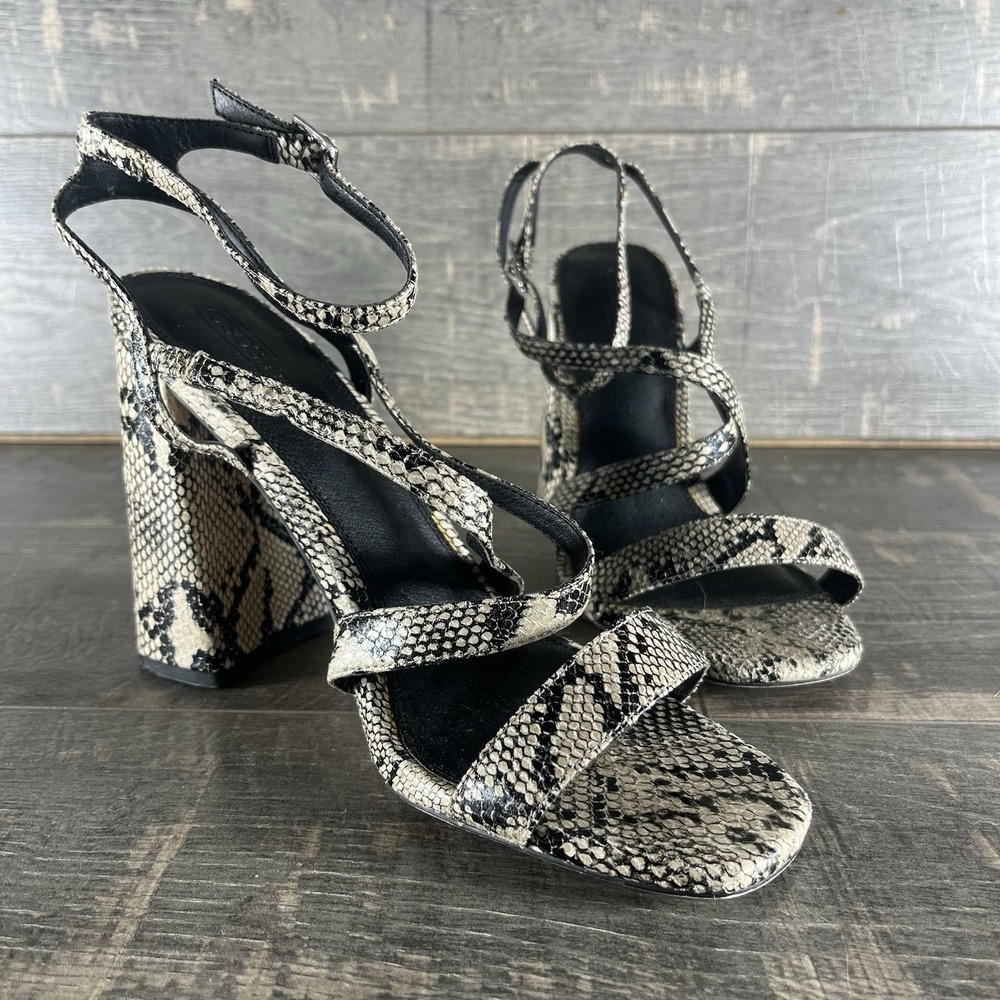 ASOS Snakeskin Strappy Block Heel Sandals Open Toe Ankle Wrap Chic Size 7